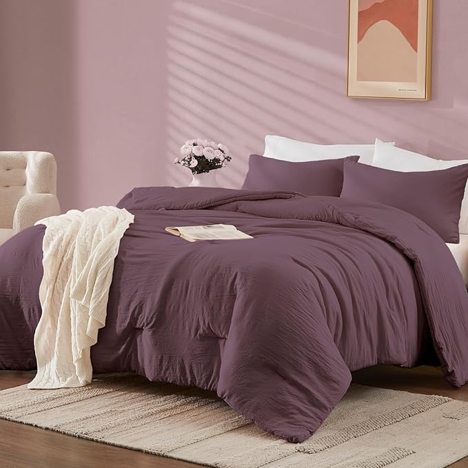 WRENSONGE Queen Comforter Set - 3 Pieces Prewashed Deep Purple Comforter Soft Lightweight for All Seasons,Down Alternative Comforters Queen Size with 2 Pillow Shams