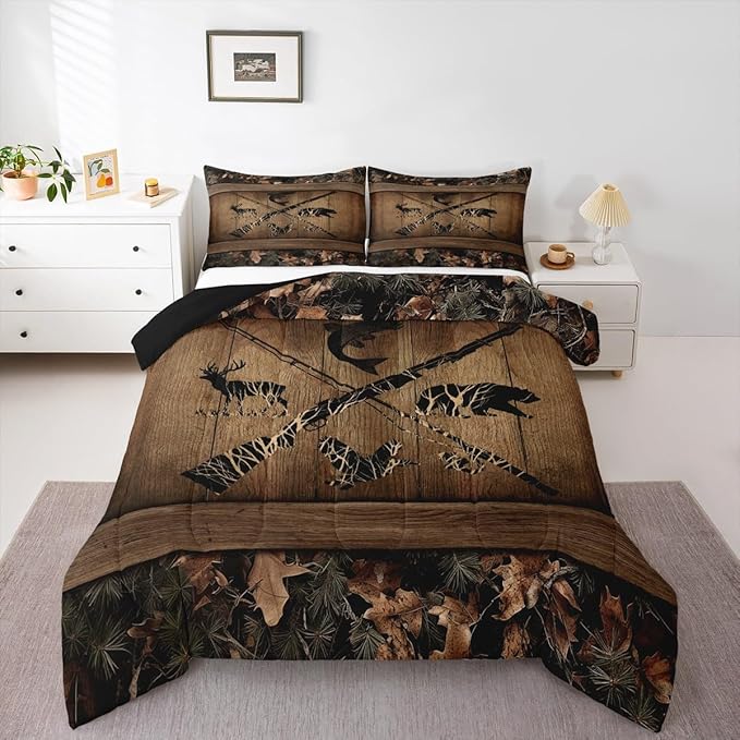 Erosebridal Rustic Farmhouse Bedding Sets Retro Camo Cabin Lodge Comforter Set Queen Hunting and Fishing Bedding Comforter Sets for Boys Adults Men Wildlife Bear Deer Fish Duck Quilt Set 3 Pcs