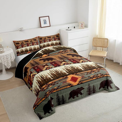 Feelyou Boho Comforter Set Toddler Size Bear Comforter for Boys Girls Teens Rustic Bedding Set Cabin Duvet Set Room Decor Olive Brown Quilt Set