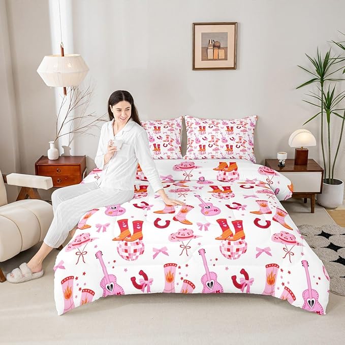 Erosebridal Cowgirl Western Bedding Set, Pink Bowknot Comforter Set Queen Size for Kids Teens Girls Women Bedroom Decor, Boots Horseshoe Down Comforter, Dreamy Princess Quilt, Lightweight