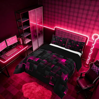Erosebridal Black Hot Pink Comforter Set King Neon Geometric Checkered Bedding Set for Girls Teen Women Abstract Stereoscopic Grids Quilt Square Plaid Bed Set 3 Pcs Gamer Room Decor