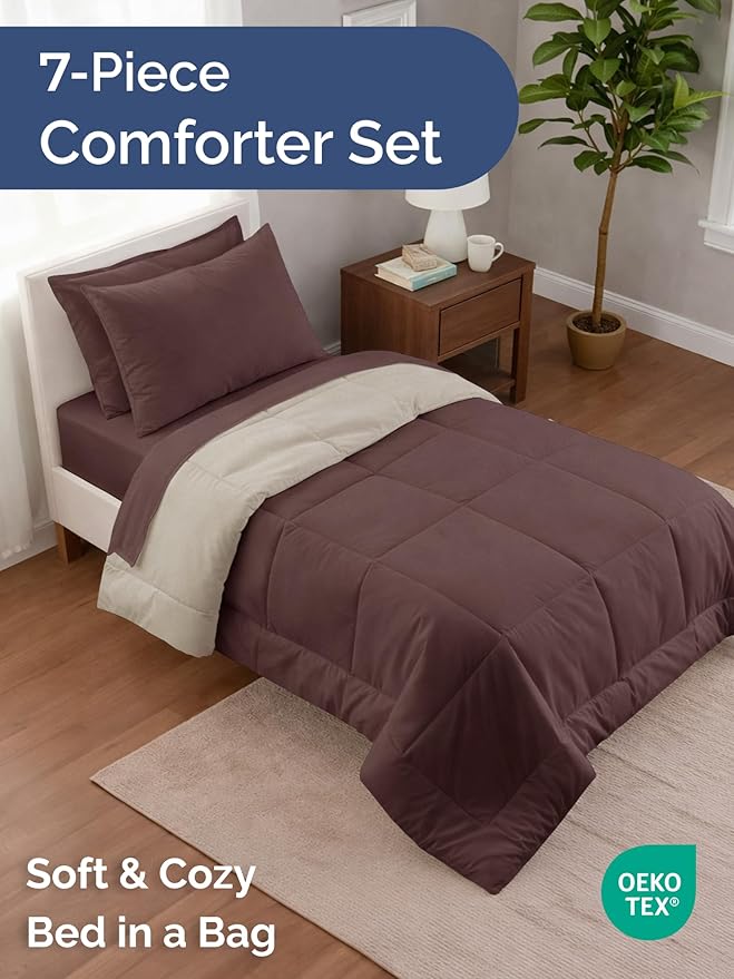Twin XL Comforter Set - 5 Piece Bed in a Bag Twin XL Size Bed Set - Down Alternative Comforter, Flat Sheet, Fitted Sheet, Pillowcase & Sham for All Seasons - Soft, Comfy and Breathable - Brown/Beige