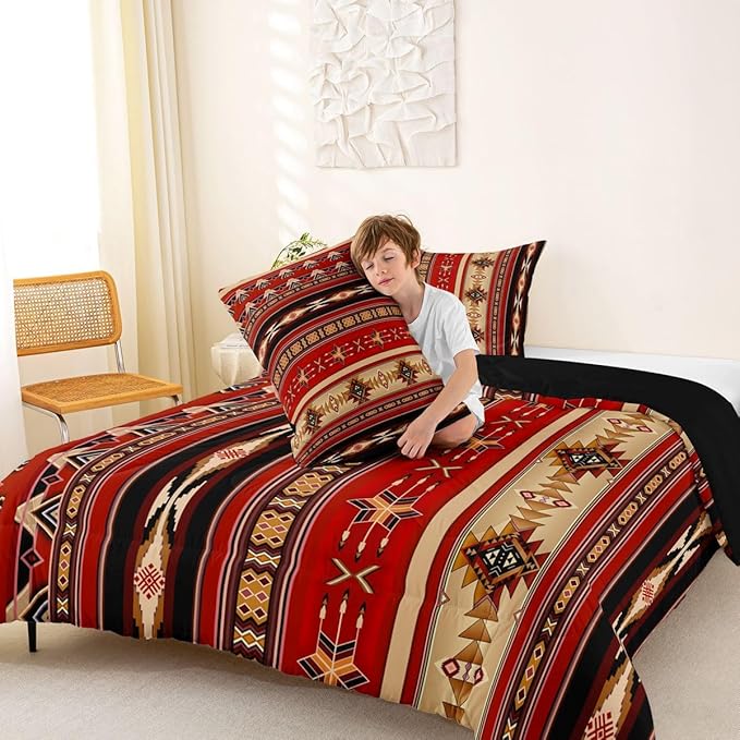Aztec Comforter Set Ethnic Tribal Arrow Quilt,Retro Southwest Native Bohemian Bedding Set Full,Western Star Geometric Sriped Duvet Insert African Tribe Exotic Nordic Style Boho Decor,Red and Black
