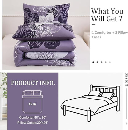 Menghomeus Dark Purple Comforter Set Full Floral Bedding Comforter Sets - Soft Microfiber Bed Set for All Season 3 Piece Botanical Flowers Comforter, Pillowcases