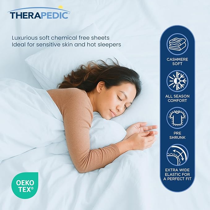 Therapedic 100% Egyptian Cotton King 6-Piece Sheet Set – Naturally Cooling & Breathable Sateen, Preshrunk Garment Wash, 16" Deep Pocket Fitted Sheet, Bonus Pillowcases, Soft & Durable - Light Blue