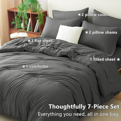 CozyLux Oversized King Comforter Set Dark Grey, 7 Pieces Bed in a Bag Comforter Set with Sheets, Soft Bedding Sets with Down Alternative Comforter, Fitted Sheet, Flat Sheet, Pillowcases and Shams