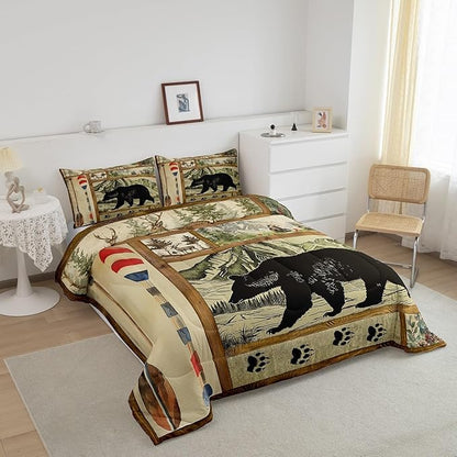 Rustic Farmhouse Comforter Set Full, Retro Hunting Bear Bedding Comforter Sets for Kids Boys, Lake House Decor Bedding for The Home, Cabin Lodge Paddle Decor Down Comforter, Moose Wildlife Duvet Set