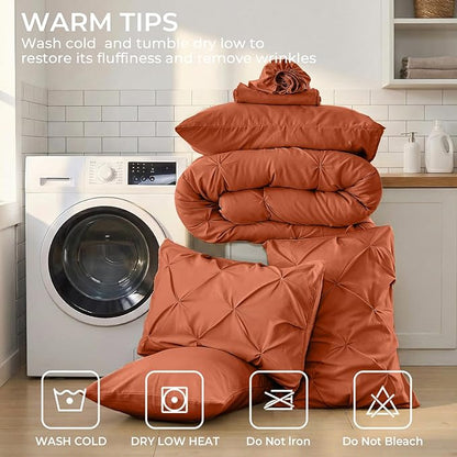 Sasttie King Size Comforter Set, 7-Piece Bed in a Bag, Pintuck Bedding Set for All Season, Includes Comforter, Flat Sheet, Fitted Sheet, Pillowcases and Pillowshams, Burnt Orange