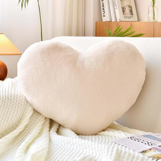 Beige Heart Pillows, Cute Heart Decorative Pillow, Heart Shaped Throw Pillows for Bed, Faux Rabbit Fur Plush Hoom Decor Pillow Cushion for Chair Sofa Living Room (Large-19.6"x15.7")