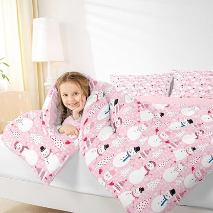 Castle Fairy Merry Christmas Bed Comforter Set Queen Size,Cartoon Pink Dreamy Super Soft Microfiber Bedding Set for Adults Teens,Snowman Christmas Tree Comforter Set,2 Pillowcases
