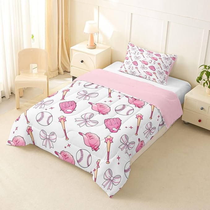 Castle Fairy Baseball Bow Comforter Set Twin Size,Pink Bowknot Bedding Sets 2Pcs for Kids Girls Boys Women Room Decor,Baseball Bat and Cap Quilted Duvet Cute Girly Sports Down Comforter,1 Pillowcase