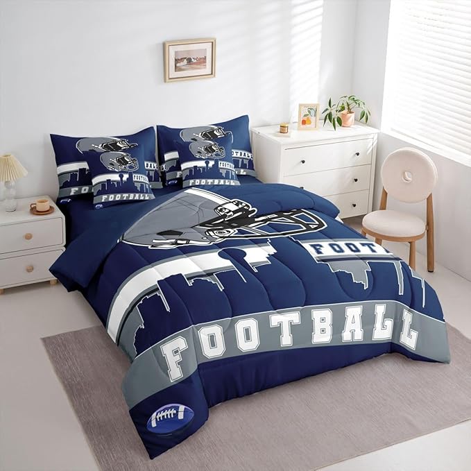 Erosebridal Football City 7 Pcs Comforter Set Twin Football Bedding for Boys Girls Blue Rugby Game Sheet Set Bed in A Bag Football Fans Bedroom Decor Sports Ball Competition Bed Set