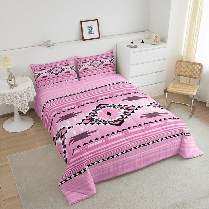 Feelyou Pink Boho Western Bedding Set Queen Size Kids Southwest Native Tribal Comforter for Boys Girls Teens Geometric Comforter Set Soft Microfiber West Room Decor