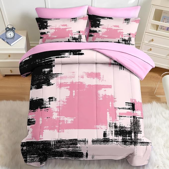 Nesker 7 Pcs Comforter Set Full Size, Modern Abstract Graffiti Art Bedding Set for Kids and Adults, Children Pink Black Bed Sheet Sets with Fitted Sheet 2 Pillowcases & 2 Shams