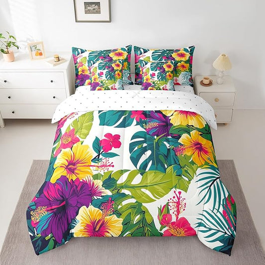 Feelyou Flower Comforter Set King Size 7 Pieces Palm Leaf Bedding Set for All Season Floral Blossom Botanical Nature Theme Bed in a Bag with Comforter, Sheets, Pillowcases & Cushion Cover