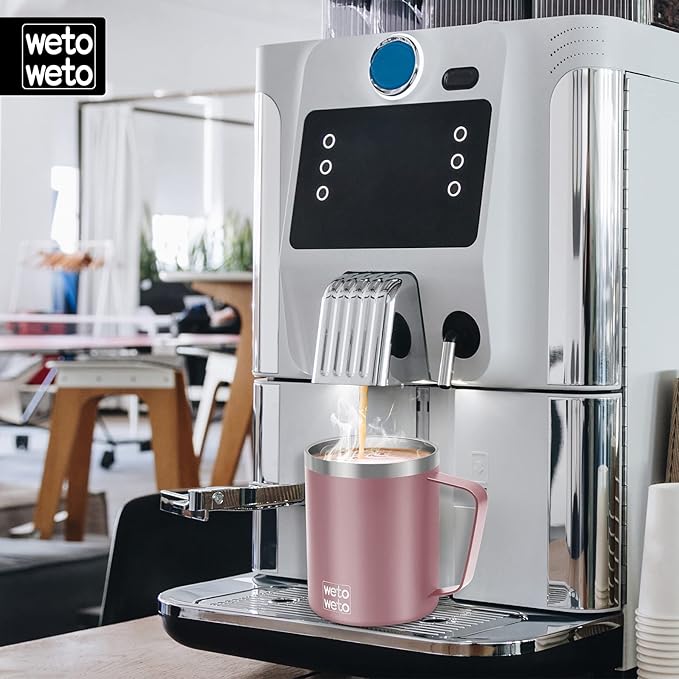 WETOWETO Coffee Mug with Handle, 14oz Insulated Stainless Steel Coffee Travel Mug, Double Wall Vacuum Reusable Coffee Cup with Lid, Powder Coated Rose Gold