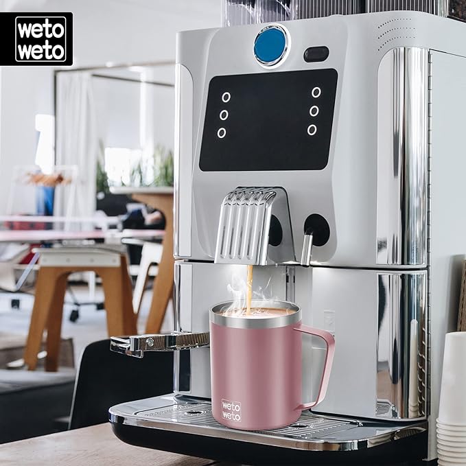 WETOWETO 14 oz Coffee Mug, Vacuum Insulated Camping Mug with Lid, Double Wall Stainless Steel Travel Tumbler Cup, Coffee Mugs Outdoor, Powder Coated Rose Gold Set of 2