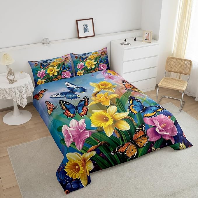 Erosebridal Garden Daffodil Comforter Set Country Farmhouse Bedding Set Queen Colorful Butterfly Floral Bedding Comforter Sets for Kids Girls Adult Spring Blossom Flower Bed Set Rustic Cabin Decor