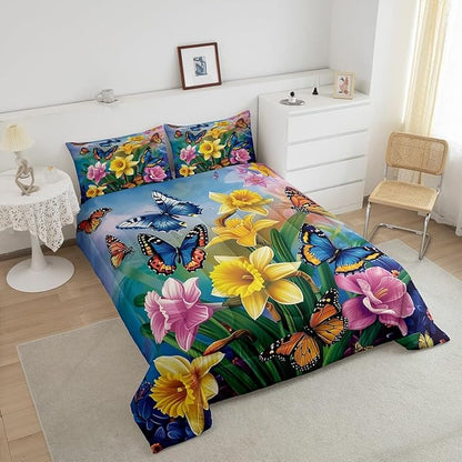 Erosebridal Garden Daffodil Comforter Set Country Farmhouse Bedding Set Queen Colorful Butterfly Floral Bedding Comforter Sets for Kids Girls Adult Spring Blossom Flower Bed Set Rustic Cabin Decor