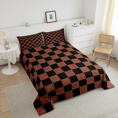 Feelyou Checkered Bedding Set Teen Women Men Brown Black Plaid Comforter Set Full Size Kids Boys Girls Cute Retro Neutral Checkerboard Geometric Duvet Insert Vintage Aesthetic Room Decor
