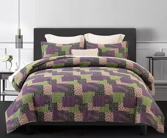 SLEEPBELLA Washed Double Layer Muslin 100% Cotton Comforter Set Queen Size, Purple Green Patchwork Fluffy Thick Checked Bedding Set, Soft Breathable (1 Comforter, 2 Pillow Shams)
