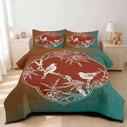 Queen Comforter Set 3 Pieces Vintage Bamboo Leaves Birds Bedding Set Teal Tan Soft Microfiber Down Alternative Comforter with 2 Pillowcases