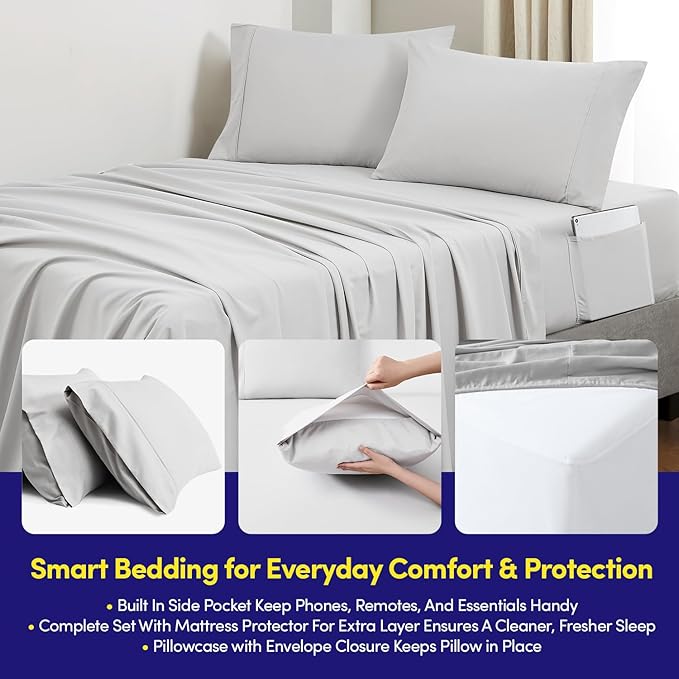 Full Size Comforter Set Quilted Stripe Bedding Bundle – Stylish Set with Comforter, Mattress Protector, Sheet Set & Pillow Shams — Sophisticated Striped Design for Home & Guest Rooms, Gray/Silver