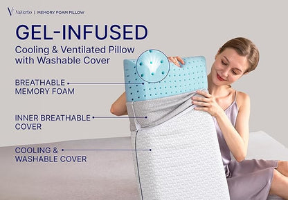 Cooling Gel Memory Foam Pillow - 1-Pack - Standard Size Bed Pillows For Sleeping - Medium-Firm - Back, Stomach and Side Sleeper Pillow - Shoulder & Back Pain Relief - Washable , Bamboo Viscose Cover