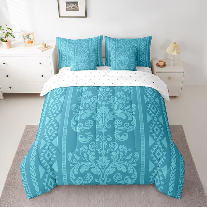 Comforter Set Queen Size, Cyan Damask Aztec 7 Pcs Bedding for Kids and Adults, Antique Decor Western Baroque Gothic Bed Sheet Sets with Fitted Sheet 2 Pillowcases & 2 Shams for Bedroom Bed Decor