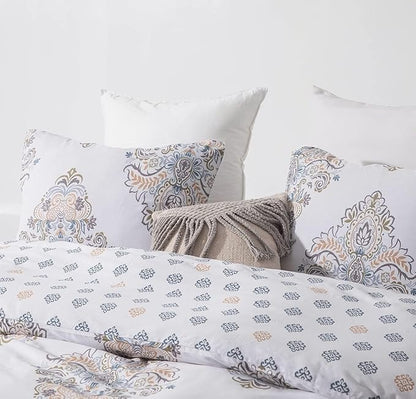 SLEEPBELLA Comforter Twin Size, 600 Thread Count Cotton Yellow & Blue Damask with Taupe Brown Reversible Pattern White Comforter Sets,Down Alternative Bedding Set 2Pcs (Twin, White Damask)
