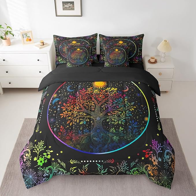 Erosebridal Life Tree 7 Piece Bedding Set King Size,Sun and Moon Bed in a Bag,Exotic Neon Trees Bed Set Includes Comforter, Sheet Set, Pillowcases & Pillow Covers All Season Bedroom Decor