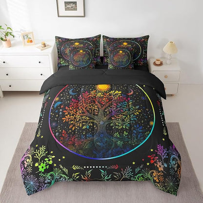 Erosebridal Life Tree 7 Piece Bedding Set Full Size,Sun and Moon Bed in a Bag,Exotic Neon Trees Bed Set Includes Comforter, Sheet Set, Pillowcases & Pillow Covers All Season Bedroom Decor