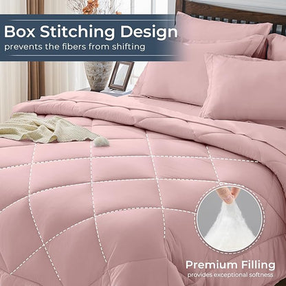 HEVUMYI Dusty Pink Queen Comforter Set - 7-Piece All Season Bed in a Bag Queen, Ultra Soft Bedding Set with Comforter, Flat Sheet, Fitted Sheet, Pillowcases, Pillow Shams