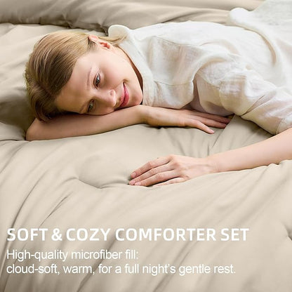 FUANNA Twin Comforter Set Oatmeal, 5 Pieces Soft Twin Size Bedding Sets, All Season Lightweight Bed in a Bag with Comforter, Flat Sheet, Fitted Sheet, Pillowcase & Sham