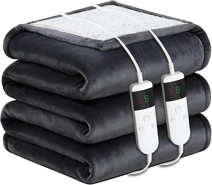 Electric Heated Blanket Queen Size 84''x90'' Soft Flannel & Sherpa Electric Blanket with 10 Heating Levels, Automatically Shut Down After 8h with Overheat Protection Machine Washable