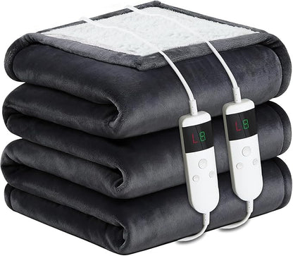 Electric Heated Blanket Queen Size 84''x90'' Soft Flannel & Sherpa Electric Blanket with 10 Heating Levels, Automatically Shut Down After 8h with Overheat Protection Machine Washable