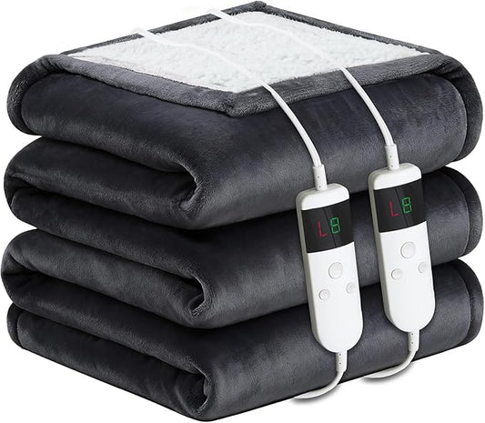 Electric Heated Blanket Queen Size 84''x90'' Soft Flannel & Sherpa Electric Blanket with 10 Heating Levels, Automatically Shut Down After 8h with Overheat Protection Machine Washable