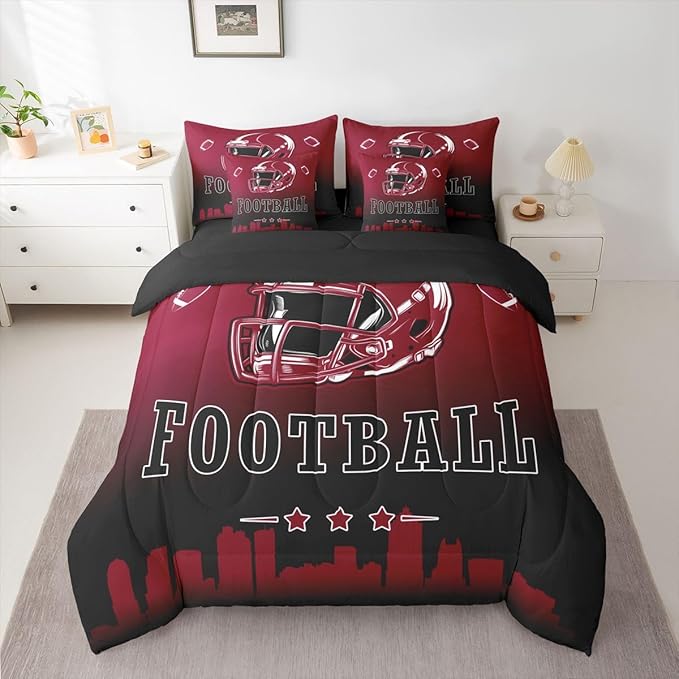 Erosebridal Football City 7 Piece Bedding Set Full American Soccer Comforter Set with Sheets for Kids Boys Teen Adults,Sports Rugby Bed in A Bag Ball Competitive Games Bed Set,Brown Black