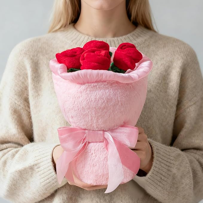Phantoscope Valentine Pillows, Handcrafted Plush Rose Bouquet Shaped Pillow Valentines Day Decorations Throw Pillow for Home Living Room Sofa Couch, Pink, 10.5 X 10 Inches