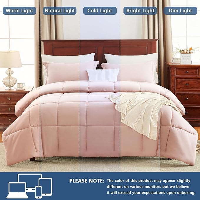 CozyLux King Comforter Set - Blush Pink Comforter King Size, 3 Pieces Box Stitched Bed Set for All Seasons, Soft Lightweight Bedding Sets with 1 Down Alternative Comforter and 2 Pillow Shams