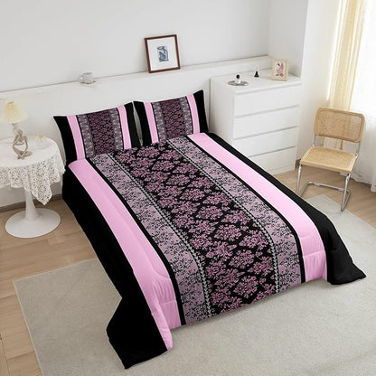 jejeloiu Adult Classic Jacquard Bedding Set King Size Damask Pattern Comforter Set for Boys Girls Black Pink Stripe Duvet Set Baroque Quilt Set 3Pcs