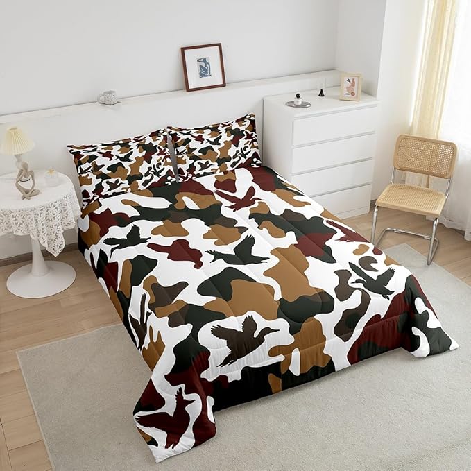 Erosebridal Hunter Comforter Set King Size Camo Duck Bedding for Kids Camouflage Farmhouse Camping Comforter Vintage Army Green Yellow Room Decor Wild Animal Rustic Duvet Set