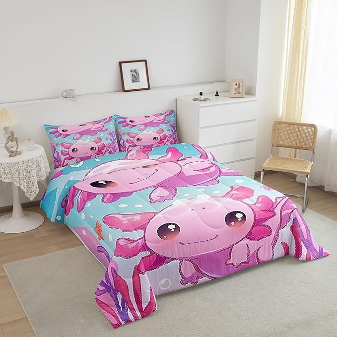 Cute Axolotl Kids Comforter Set Queen Size,Pink Kawaii Animal Ocean Sealife Reversible Bedding Set for Boys Girls,Lovely Cartoon Blue Sea Coral Luxury Bed Duvet Insert, 2 Pillowcases