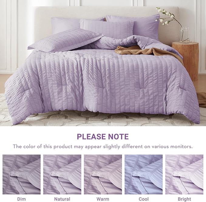 MUXHOMO 7 Pieces Full Comforter Set, Seersucker Bed in a Bag Full Size, All Season Luxury Bedding Set with Comforter, Flat Sheet, Fitted Sheet, Pillowcases & Shams, Lavender