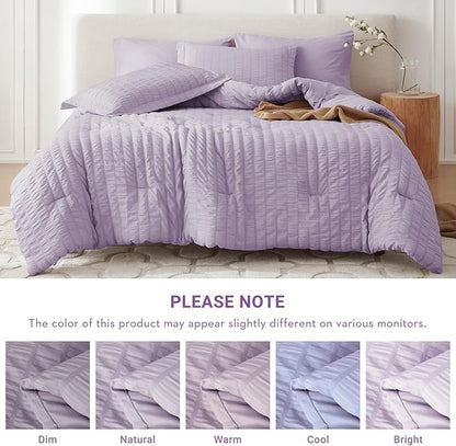 MUXHOMO 5 Pieces Twin Comforter Set, Seersucker Bed in a Bag Twin Size, All Season Luxury Bedding Set with Comforter, Flat Sheet, Fitted Sheet, Pillowcase & Sham, Lavender