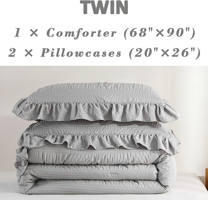 Gray Twin Comforter Set, Seersucker Vintage Comforter Ultra-Soft Light Grey Bedding Set Twin/Twin XL Size 3 Piece Set, Down Alternative Light Weight Comforter Set (Grey,Twin 68"x90")