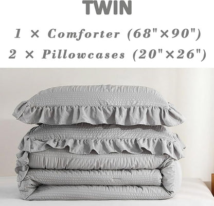 Gray Twin Comforter Set, Seersucker Vintage Comforter Ultra-Soft Light Grey Bedding Set Twin/Twin XL Size 3 Piece Set, Down Alternative Light Weight Comforter Set (Grey,Twin 68"x90")