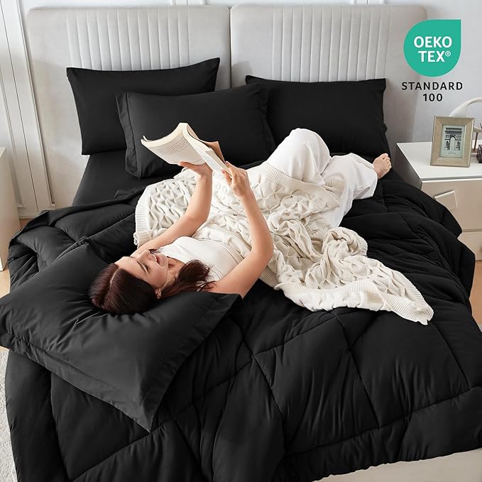 Sasttie Oversized Queen Comforter Set, 7 Pieces Extra Large Bed in a Bag, Complete Bedding Set Includes 98''x98'' Comforter, Flat Sheet, Fitted Sheet, Pillowcases and Pillow Shams, Black