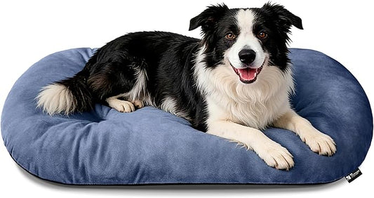Washable Large Dog Bed 35x22 Inch - Silver Fox Faux Fur Supportive Pad, Non-Slip Bottom Durable Oval Pet Bed Indoor Outdoor for Medium Dogs Cats(Mist Blue)