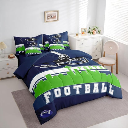 Erosebridal Football City 7 Pcs Comforter Set Queen Football Bedding Men Green Blue Rugby Game Sheet Set Bed in A Bag Football Fans Bedroom Decor Sports Ball Competition Quilt